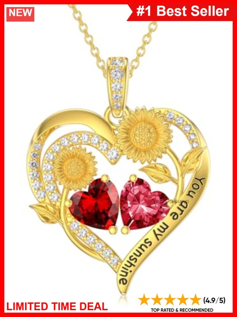 14K Gold Plated Double Birthstone Sunflower Heart Pendant Necklace Gift